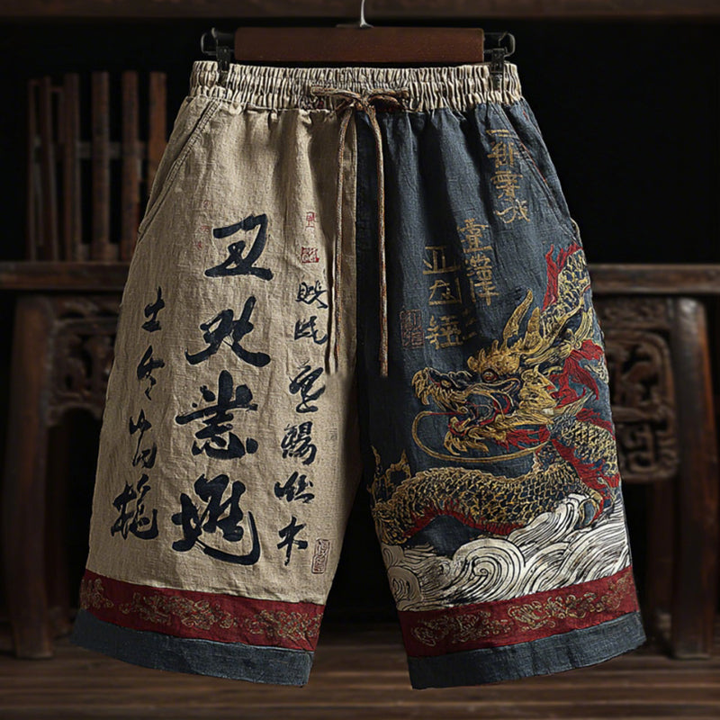 Men's Japanese-style Linen Shorts With Dragon And Calligraphy Patterns