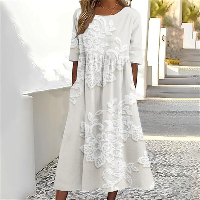 Classy Flowers Embroidered Lace Linen Maxi Dress