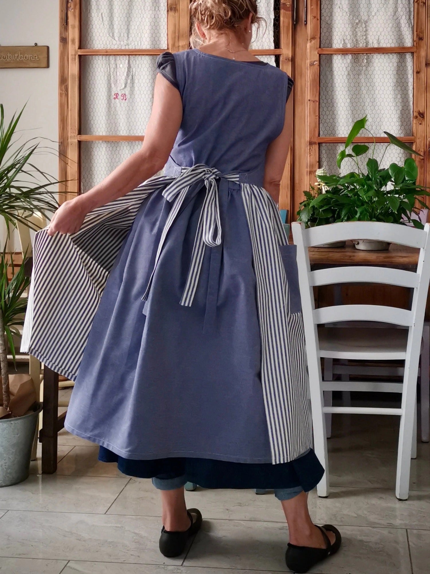 Blue Striped Patchwork Cotton Kitchen Apron