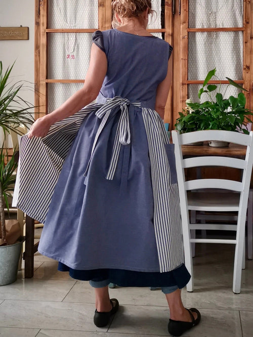 Blue Striped Patchwork Cotton Kitchen Apron