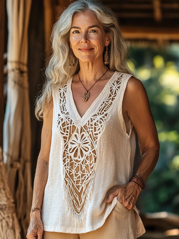 Vintage Bohemian Cotton And Linen V-neck Top