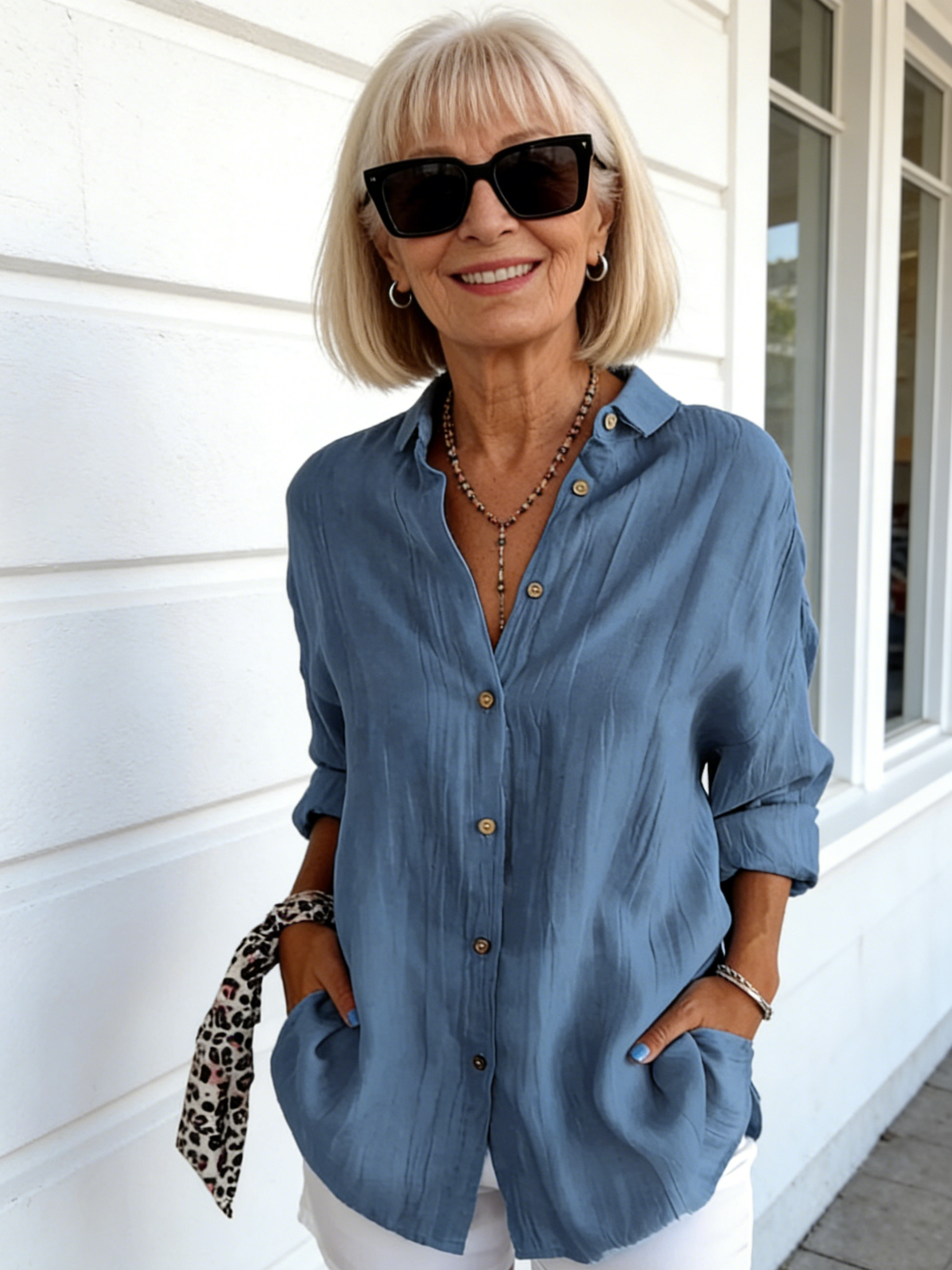 Women's Single-Breasted Pleated Lapel Shirt Solid Color Rollable Sleeves Top
