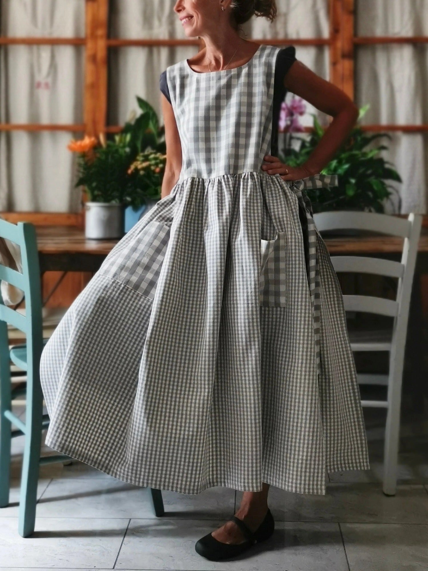 Light Gray & Beige Checkered Patchwork Cotton Apron