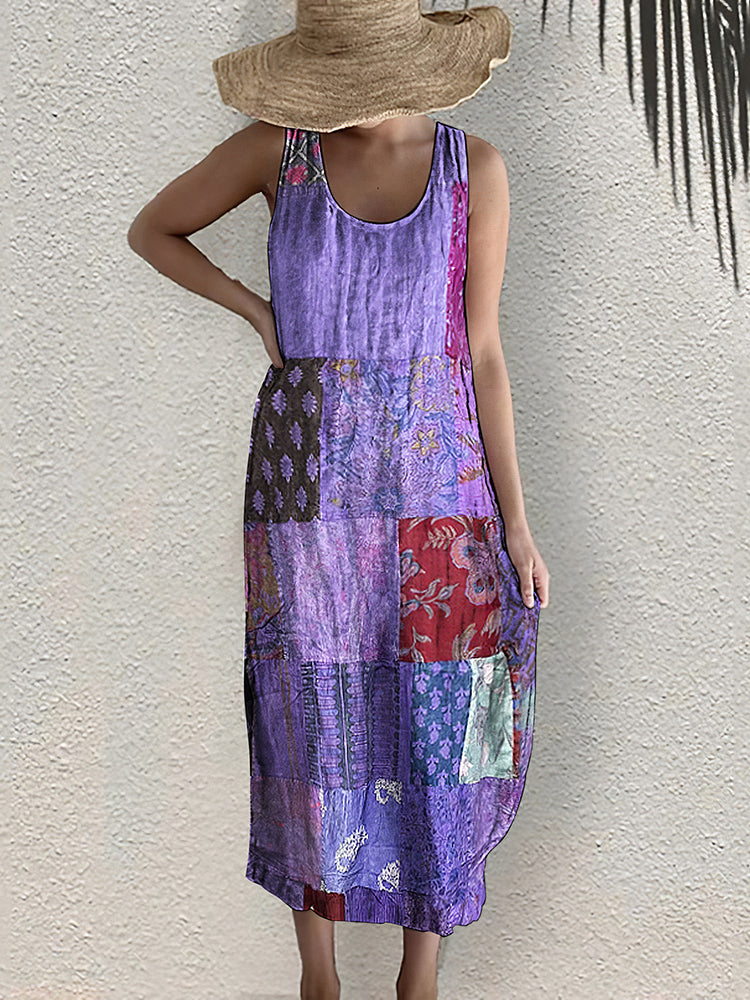 Vintage Bohemian Geometric Floral Art Linen Blend Dress