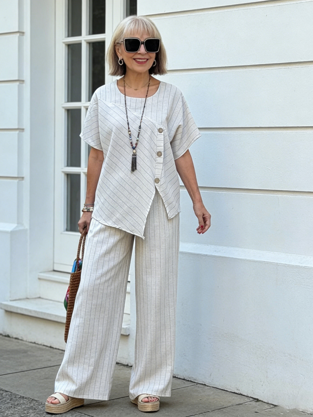 2Pcs Striped Short-sleeved Trousers Shirt Loose Pants Two-piece Set