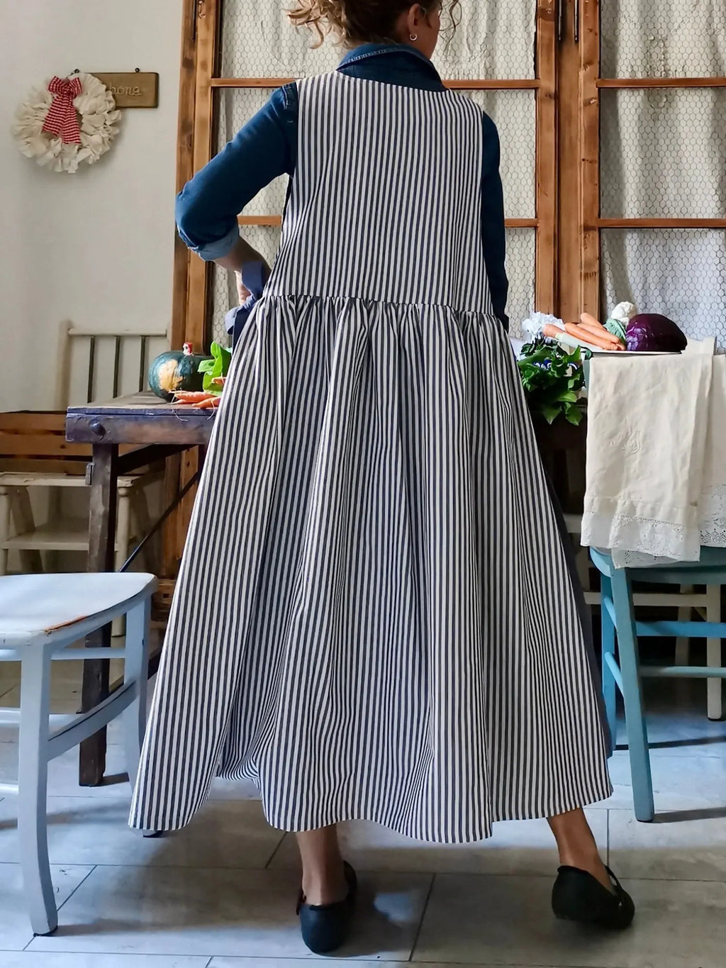 Blue/Striped Cotton Patchwork Apron