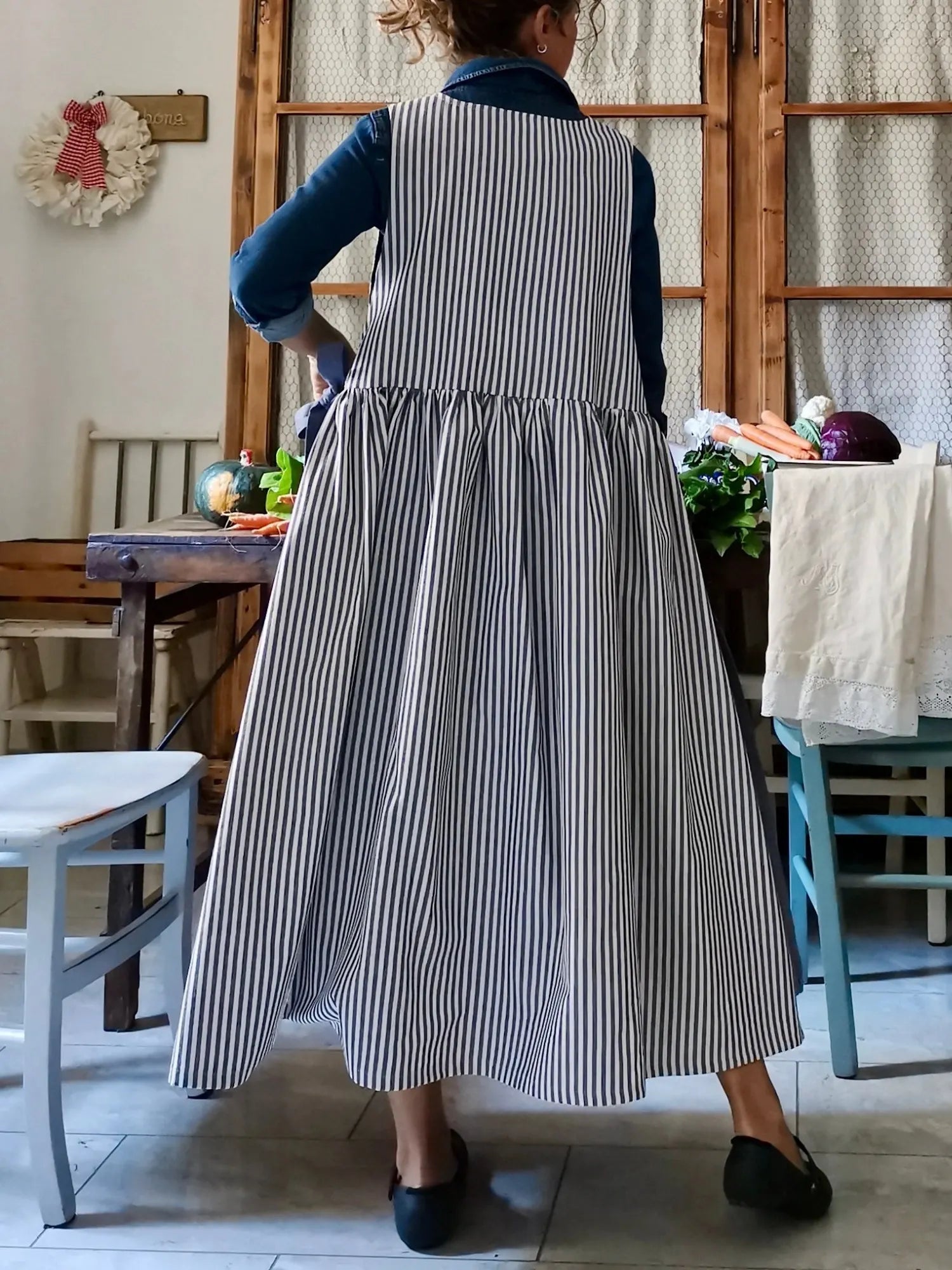 Blue/Striped Cotton Patchwork Apron