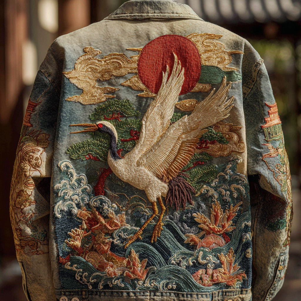 Men's Vintage Japanese Crane And Wave Embroidered Denim Jacket