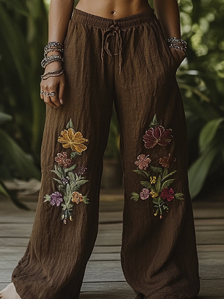 Vintage Bohemian Forest Floral Art Printed Cotton Linen Wide Leg Pants