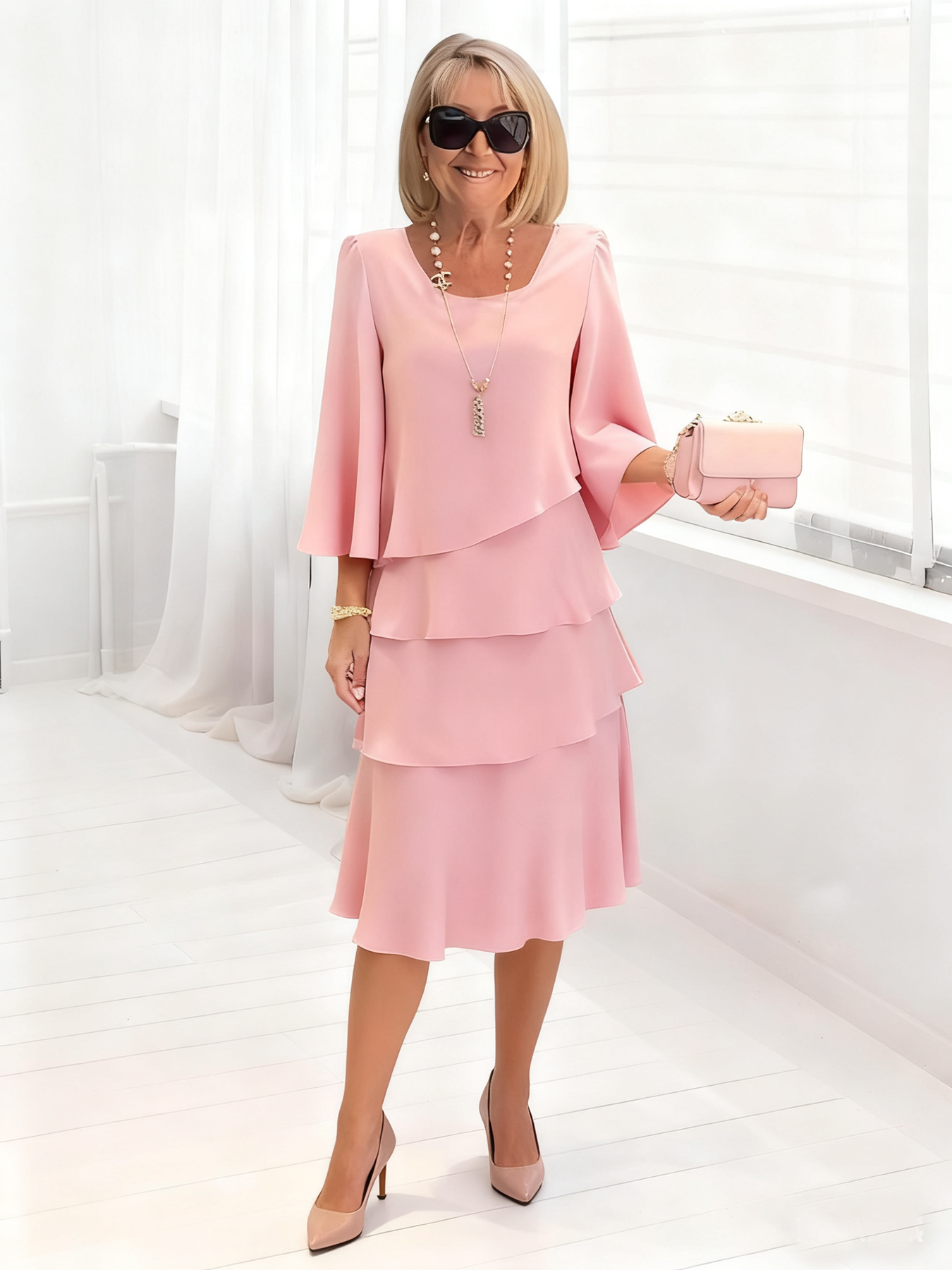 Long Dress Half Sleeve Fashion Cake Skirt Women's Temperament Loose and Thin Round Neck Dress