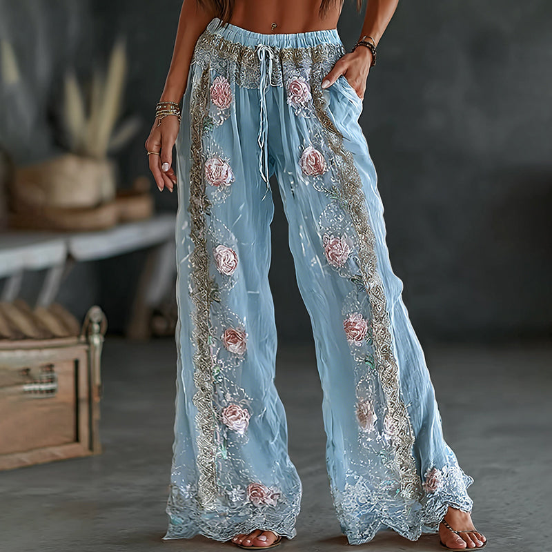 Women's Vintage Spring Floral Embroidered Art Print Flowy Linen Blend Casual Pants