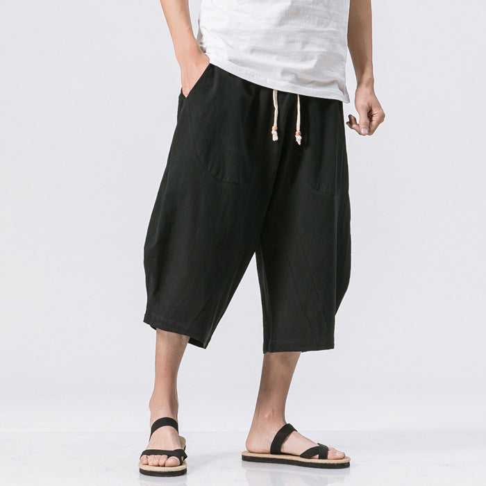 Men's Vintage Japanese Pocket Cotton Linen Casual Capri Pants