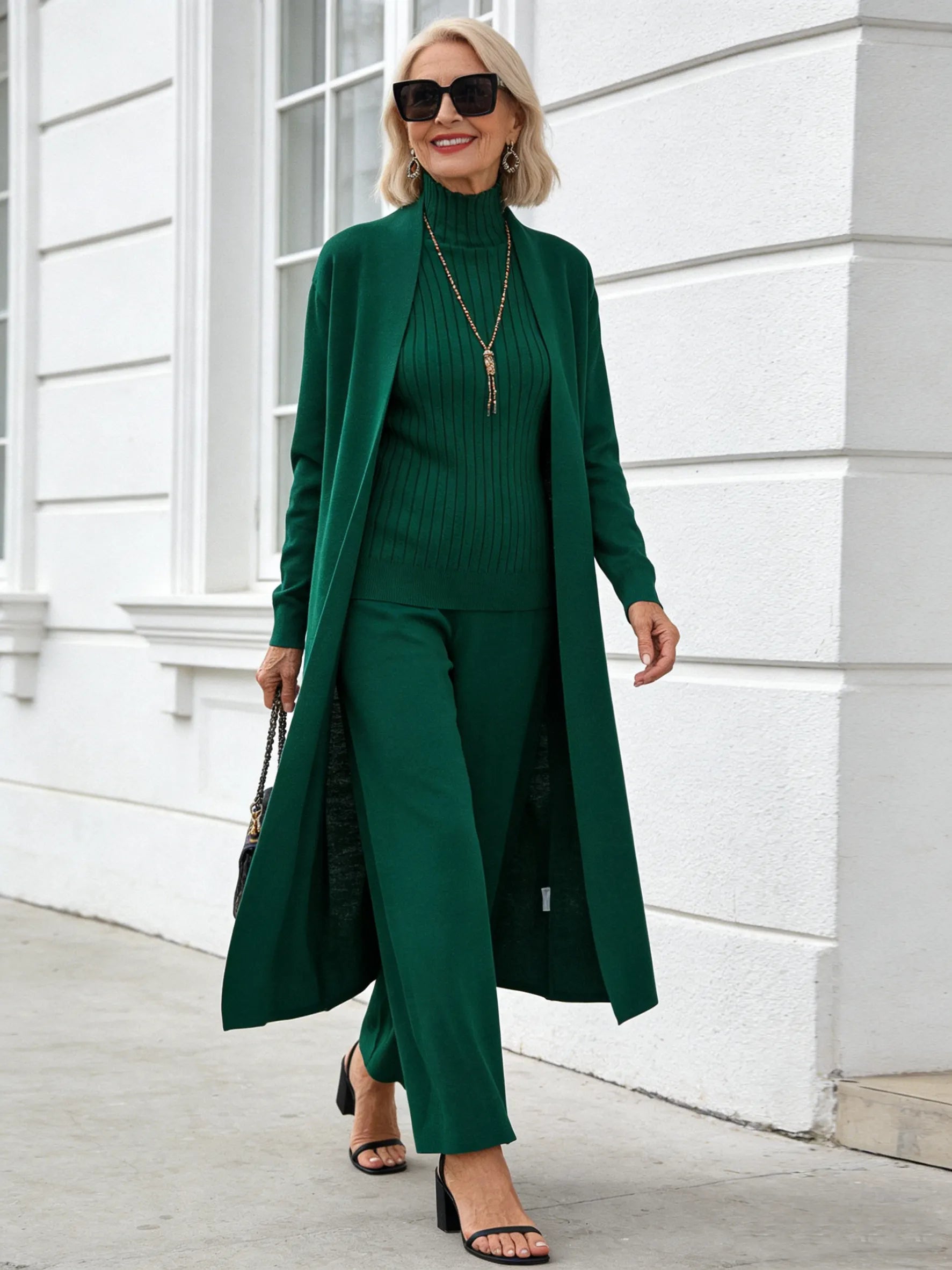 3Pcs Thick Lazy Temperament Knitted Suit Sleeveless Vest Sweater Cardigan Pants Three-piece Set