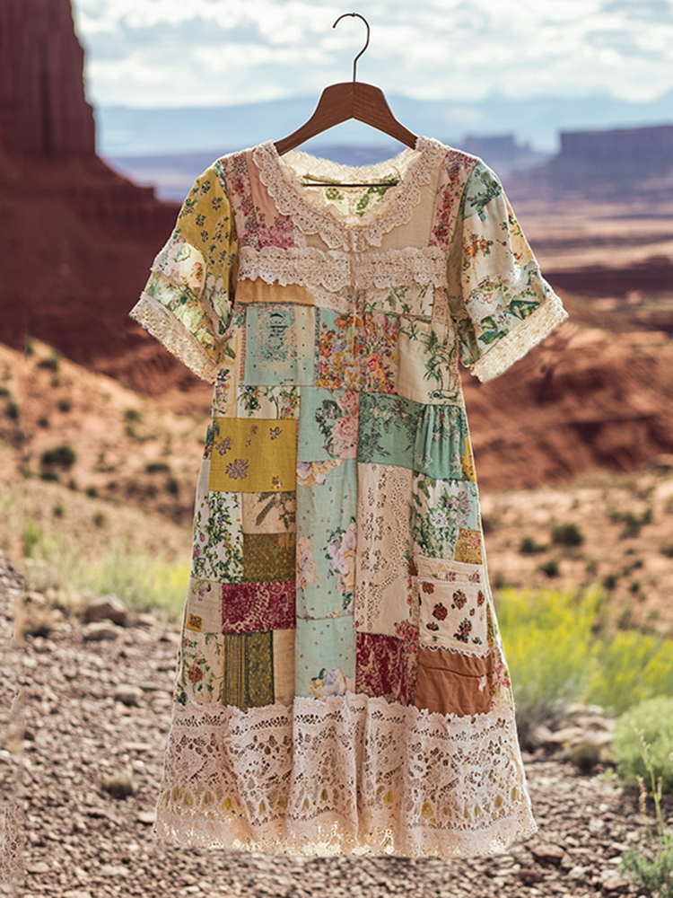 Vintage Floral Patchwork Comfortable Short-sleeved Dress