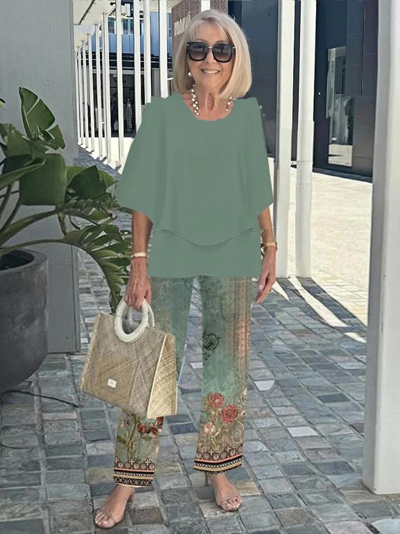 Casual Crew Neck Medium Sleeve Top Printed Floral Pants Set Two-piece Set
