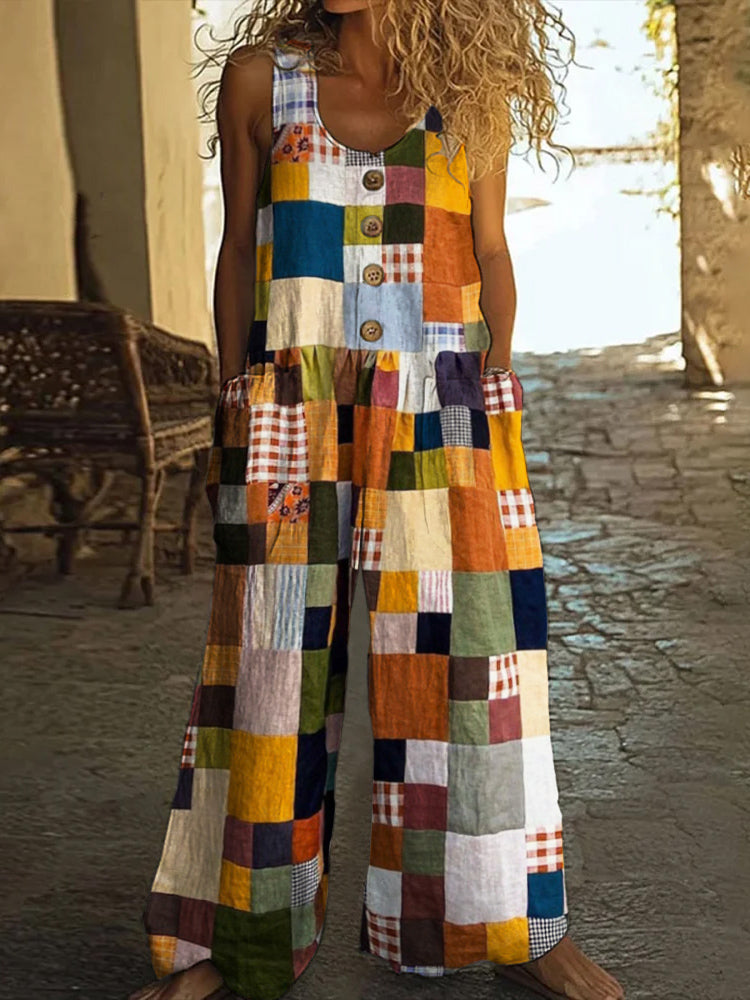 Vintage Square Patchwork Boho Art Women's Linen Wide Leg Jumpsuit
