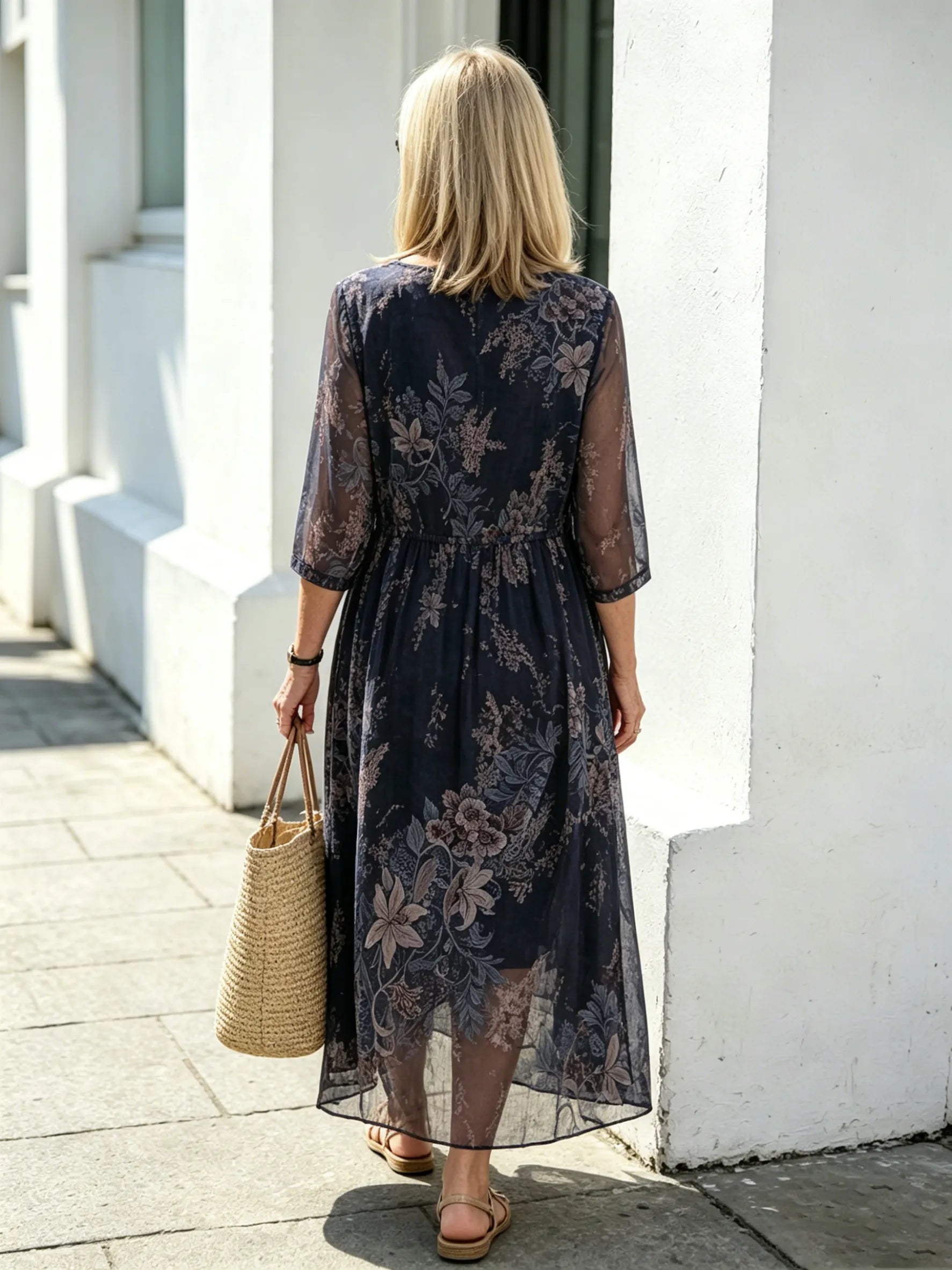 Black Floral Chiffon Midi Dress, Loose Tummy Hiding 3/4 Sleeve Printed Dress for Mature Women