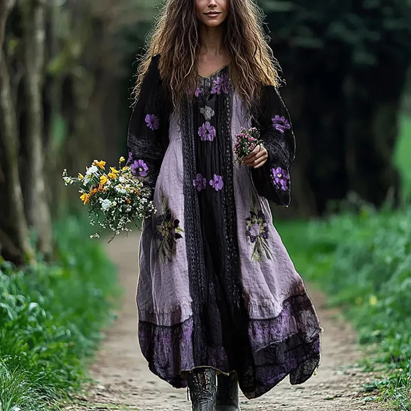 Purple Floral Lace Hem Patchwork Flowy Linen Dress