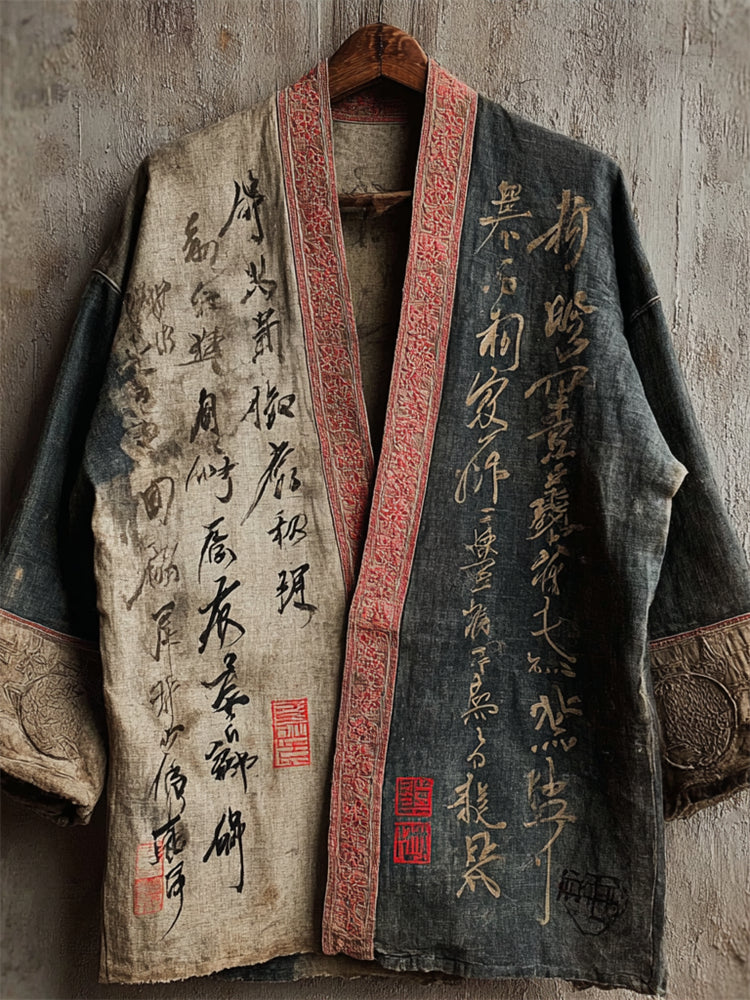 Japanese Calligraphy Art Contrast Linen Kimono