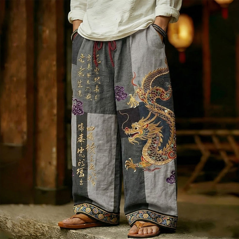Men's Vintage Japanese Calligraphy Dragon Art Pattern Linen Blend Pants