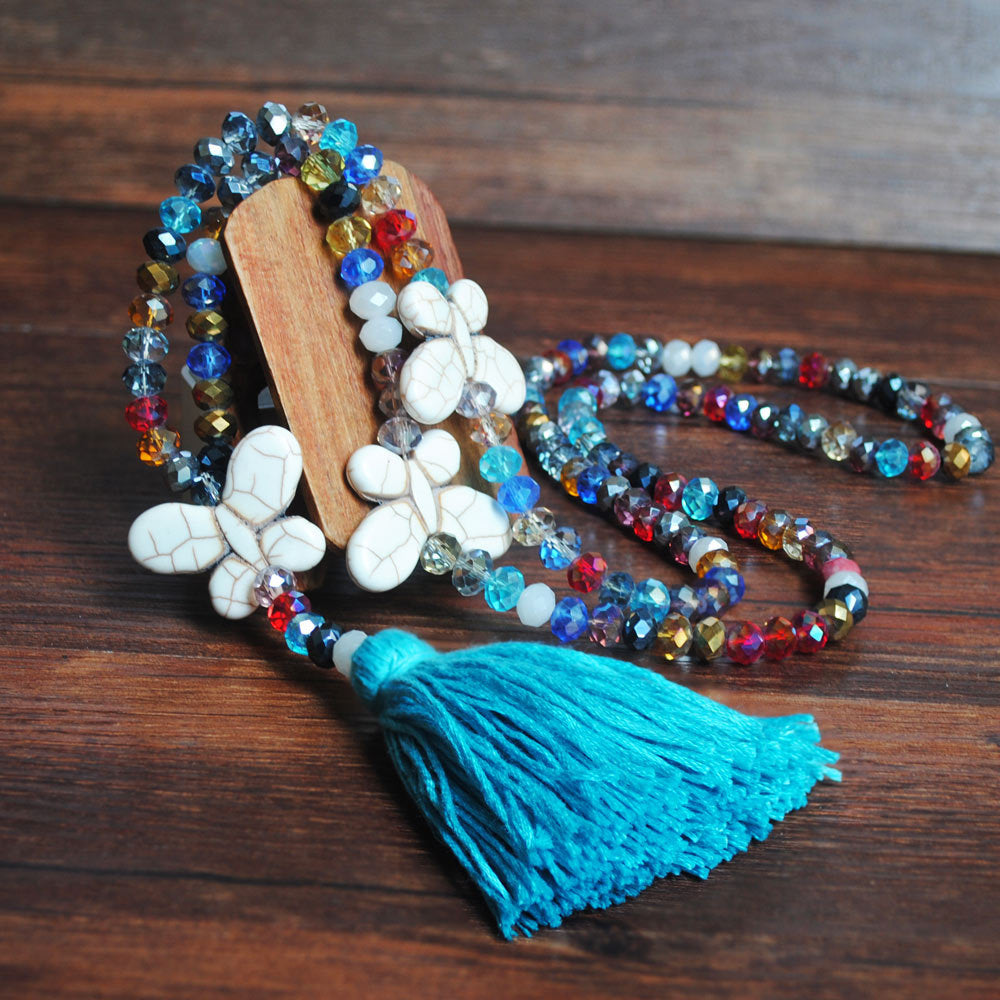 Color Crystal Necklace Female Long Sweater Chain Turquoise Butterfly Necklace Jewelry