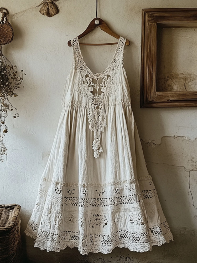 Vintage Lace Sleeveless Linen Blend Midi Dress