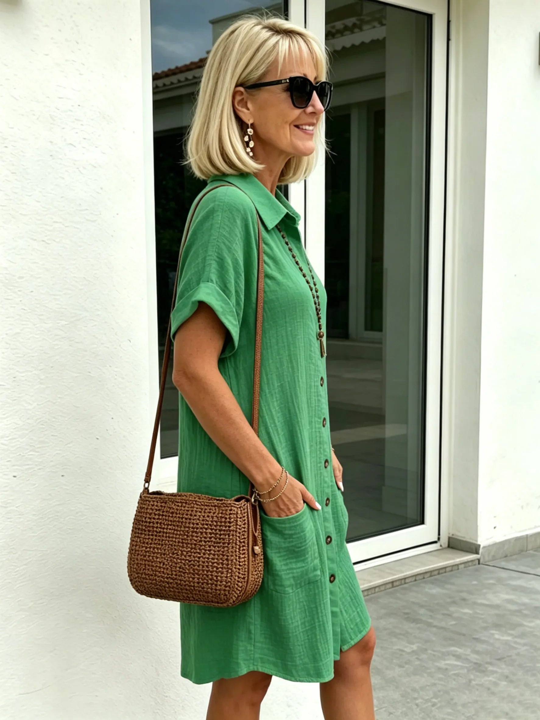 Solid Color Shirt Dress Simple, Made of Breathable, Featuring a Lapel Collar and Orderly Button Arrangement That Adds a Vintage Charm