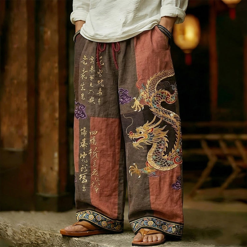 Men's Vintage Japanese Calligraphy Dragon Art Pattern Linen Blend Pants
