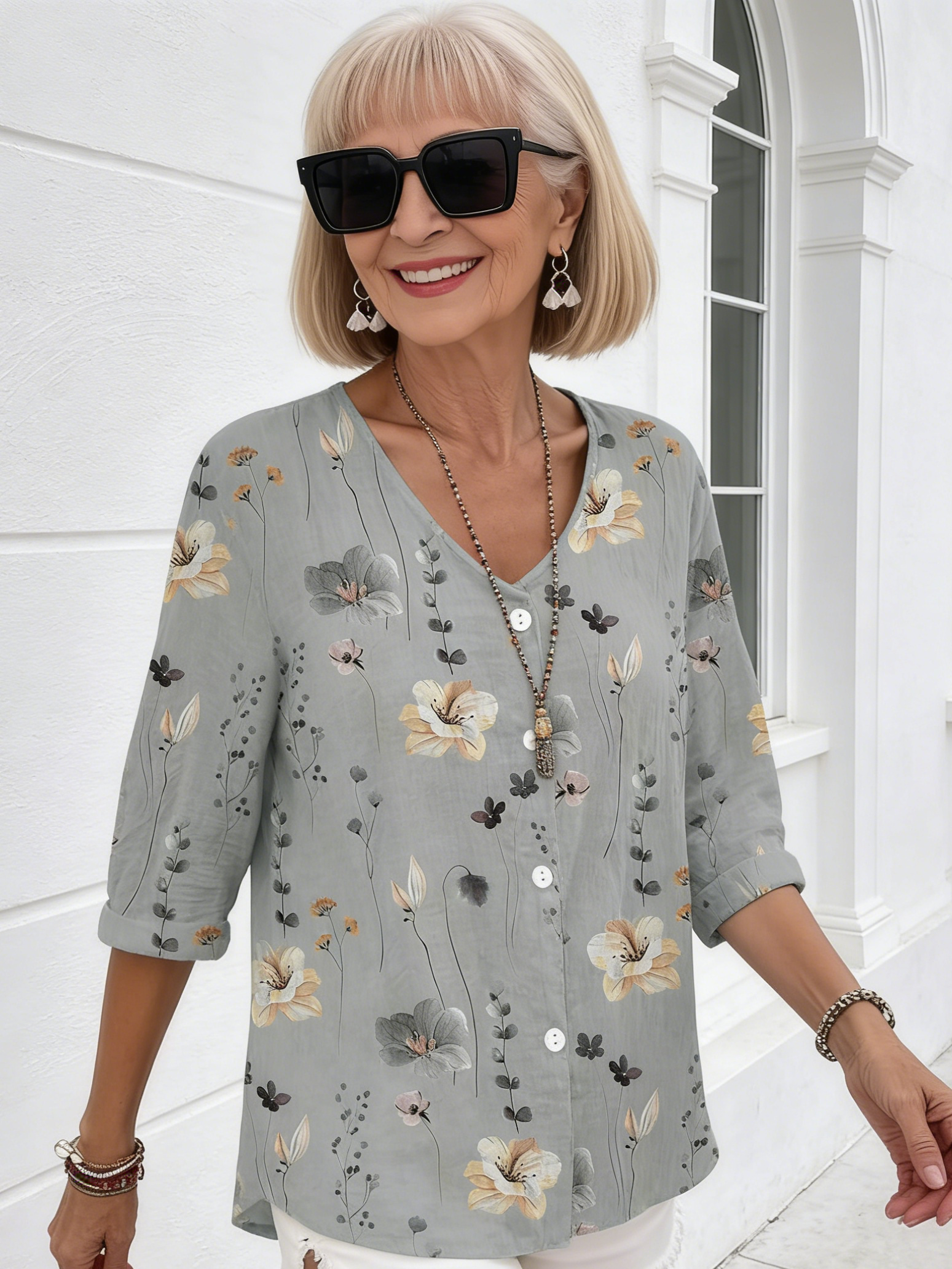 V-neck Buttons Printed Long Sleeve Tunic Tops