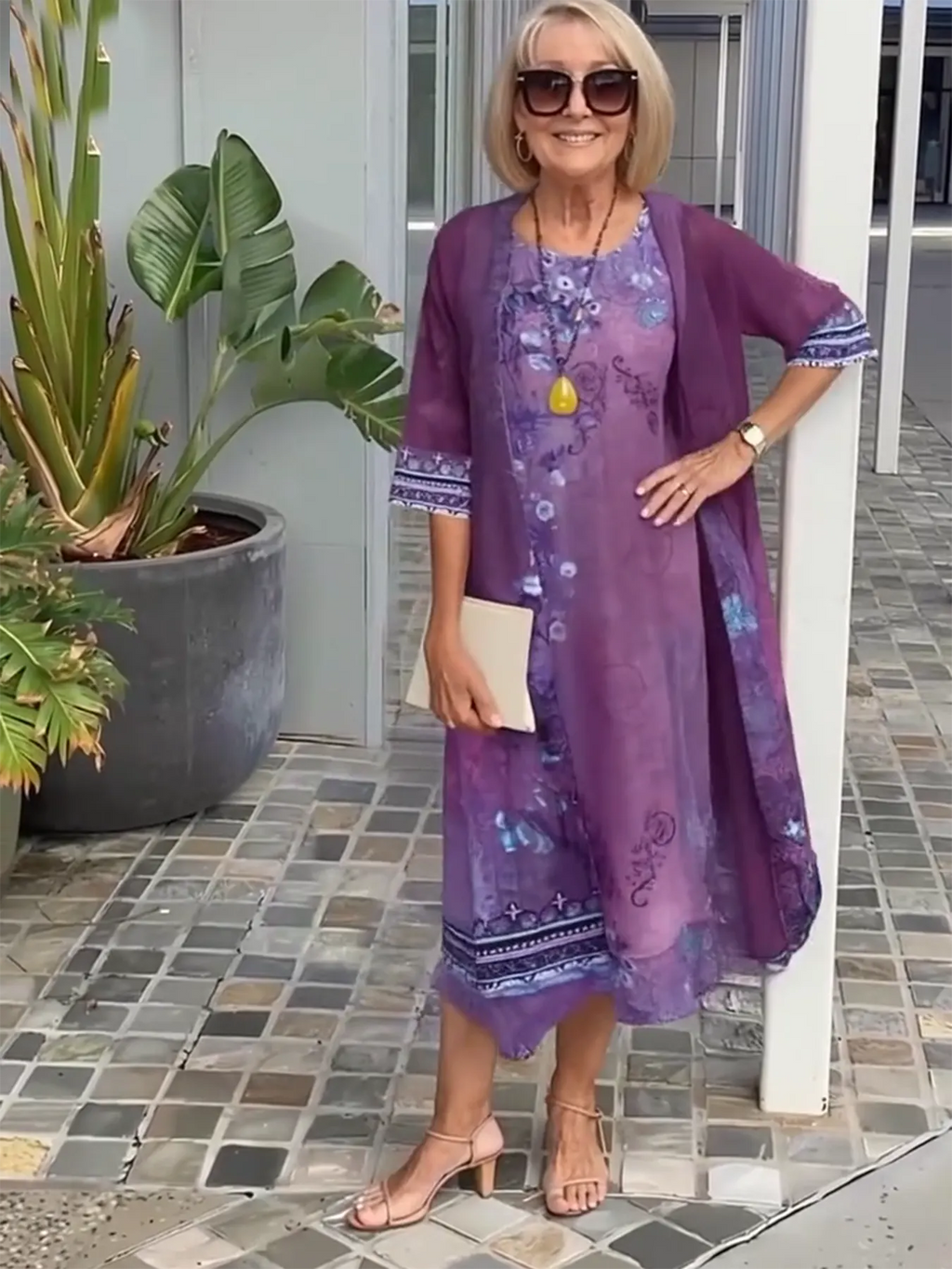 3/4 Sleeve Printing Coat & Dress Two-Piece Suit
