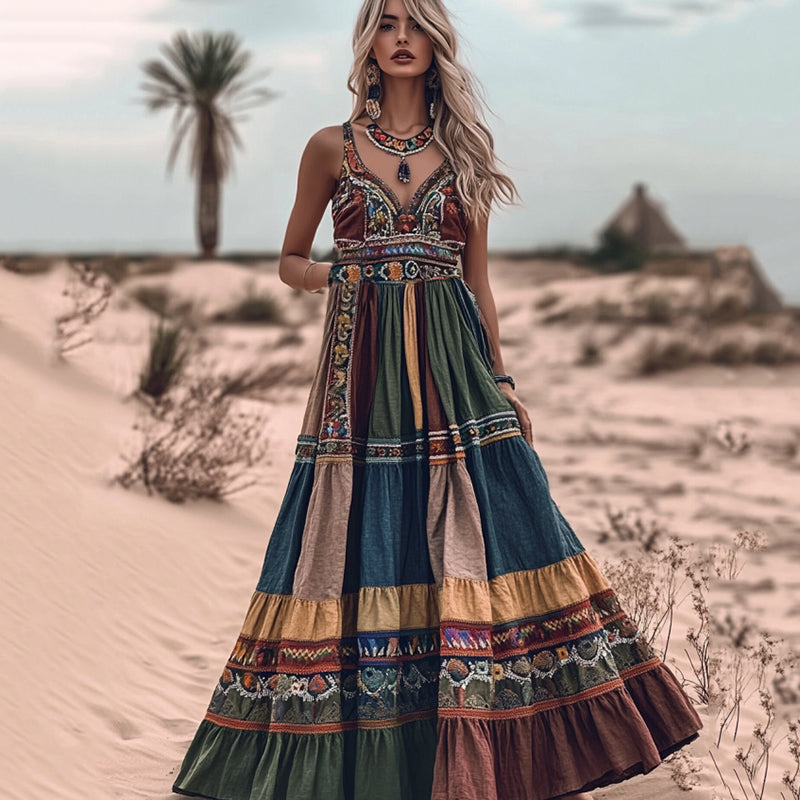 Women's Boho Art Color Block Sleeveless Maxi Dress