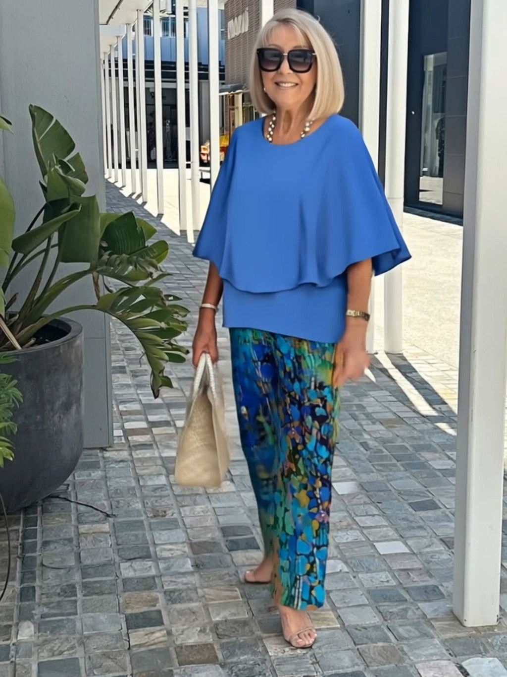 Casual Crew Neck Medium Sleeve Top Printed Floral Pants Set Two-piece Set