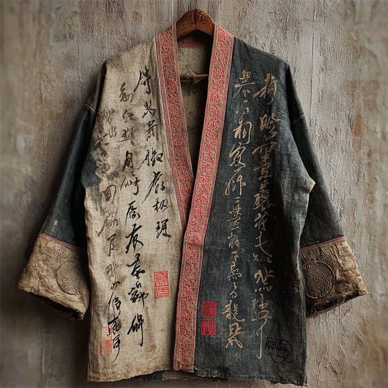 Japanese Calligraphy Art Contrast Linen Kimono