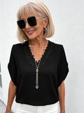 Solid Color Lace V-Neck Flared Sleeve Loose Shirt Women's Top