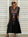 V-neck Pocket Bohemian Print Seven-quarter Sleeve Dress