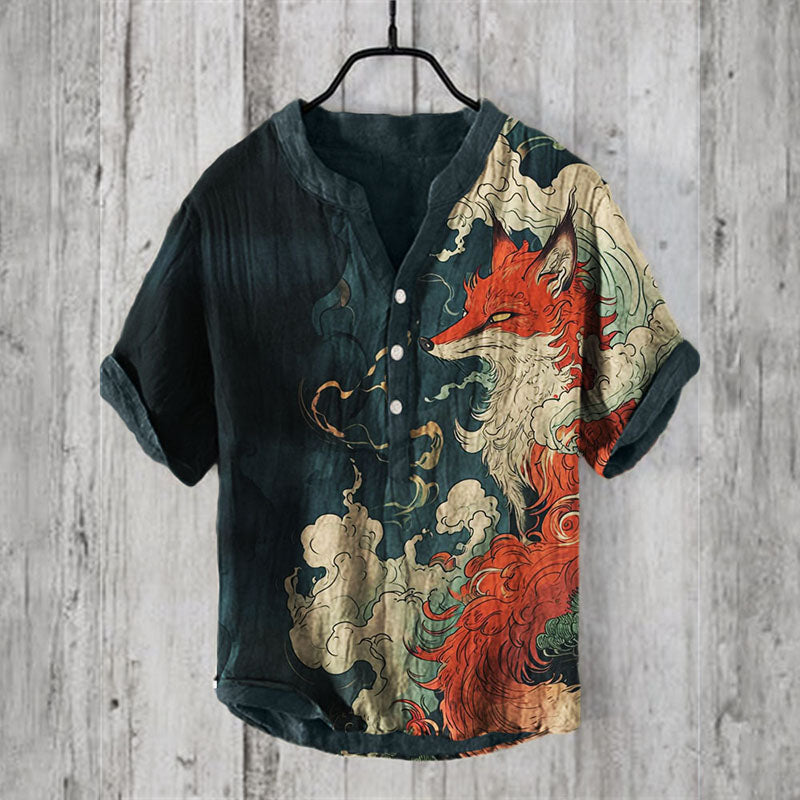 Men's Mythical Fox Japanese Art Linen Shirt