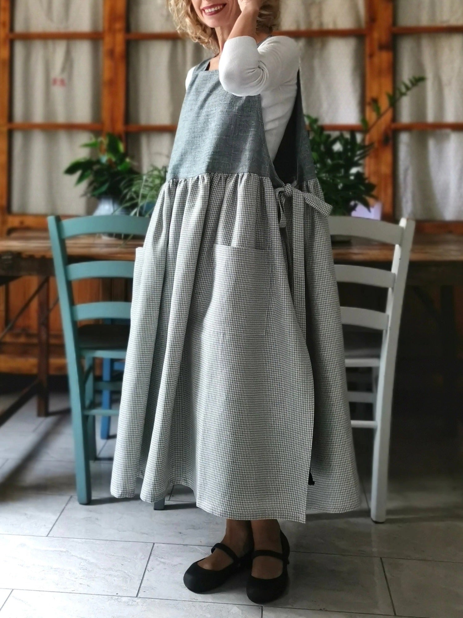 Grey Gingham Linen Apron