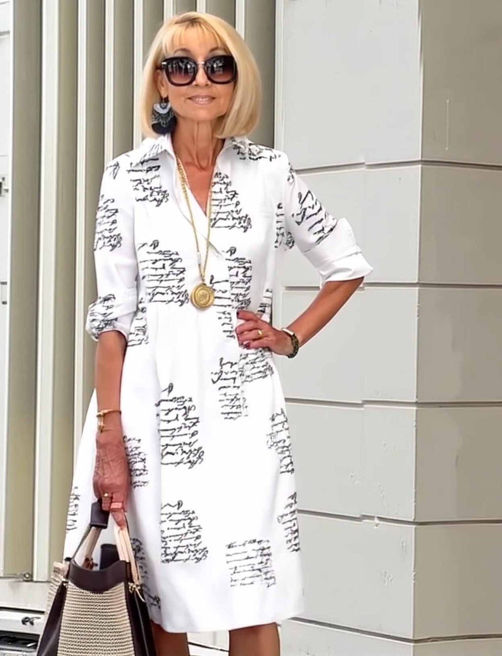 Casual Side Pockets Letter Printed Shirt Dress