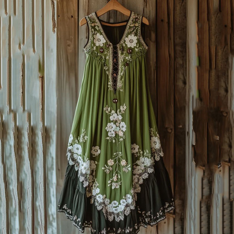 Vintage Tribal Embroidered Floral Art Color Block Maxi Dress