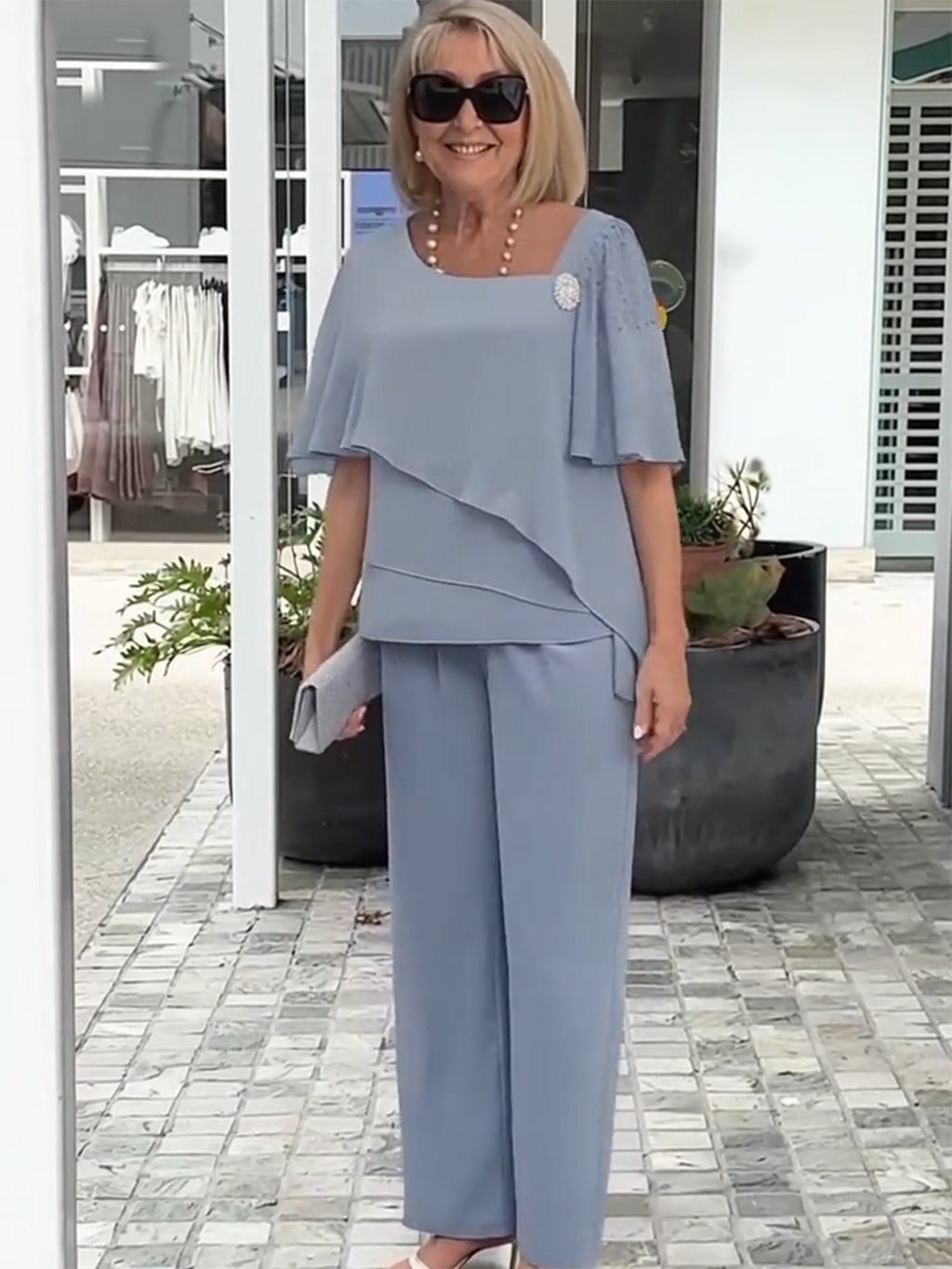 2Pcs Half-sleeve Beaded Top and Trouser Set