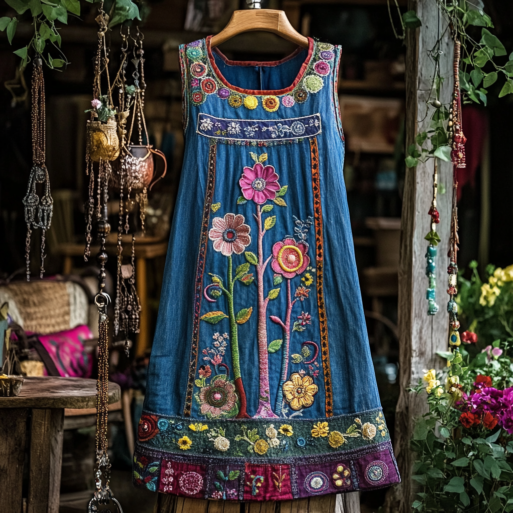 Vintage Bohemian Floral Denim Art Sleeveless Dress