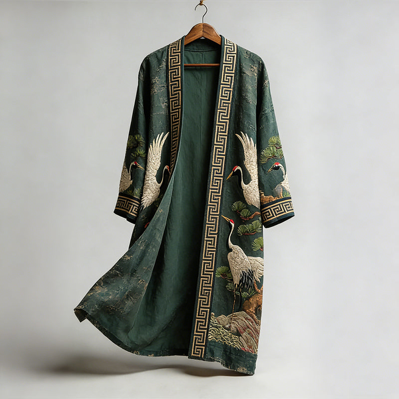Cranes & Pine Trees Japanese Art Flowy Linen Long Kimono