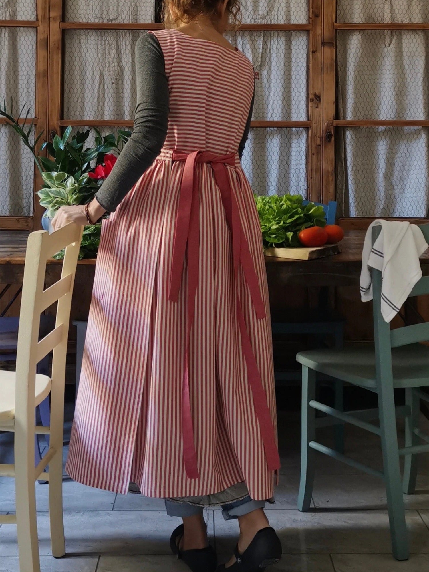 Cherry Red Striped Cotton Kitchen Apron