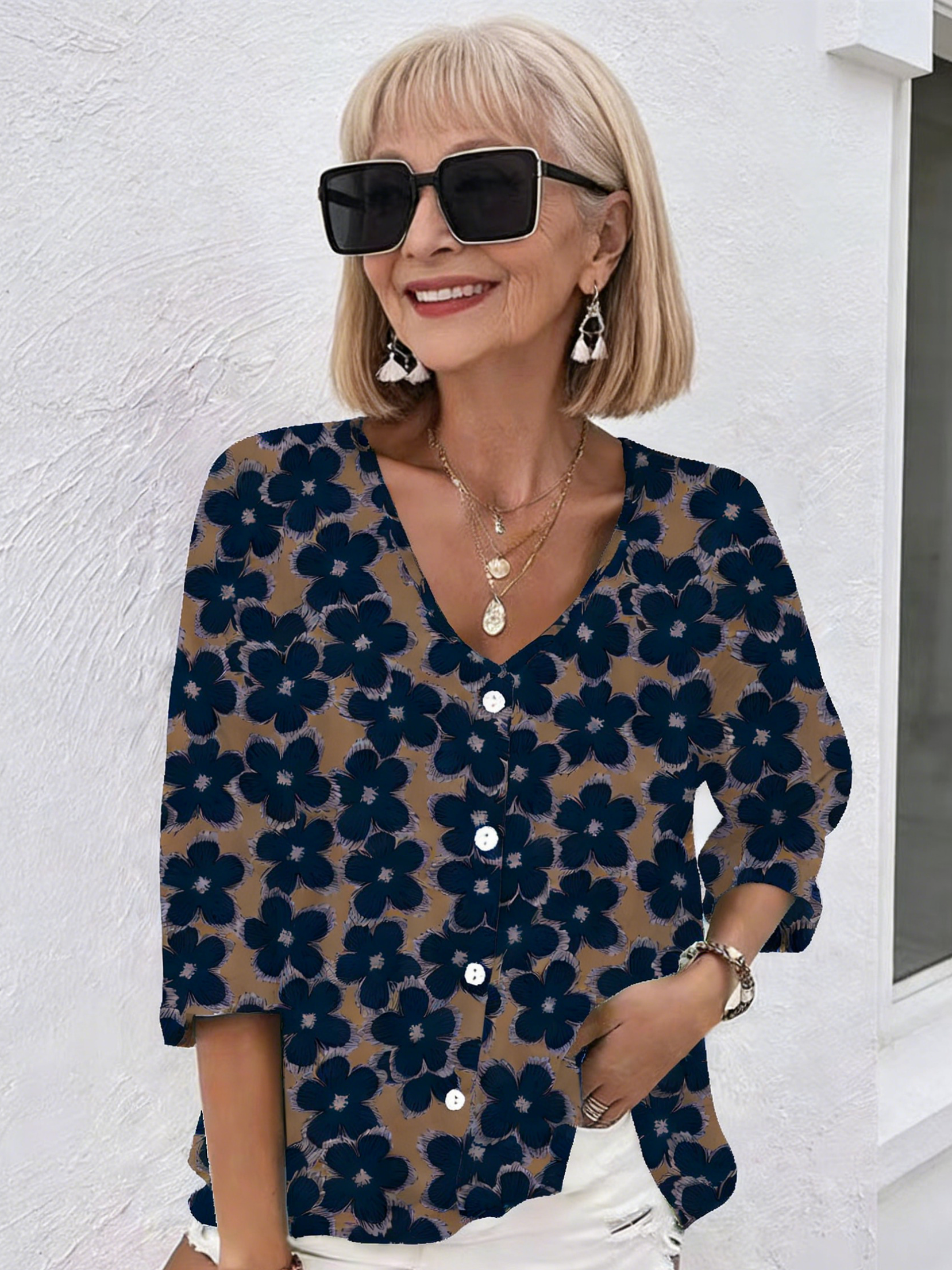 V-neck Buttons Printed Long Sleeve Tunic Tops