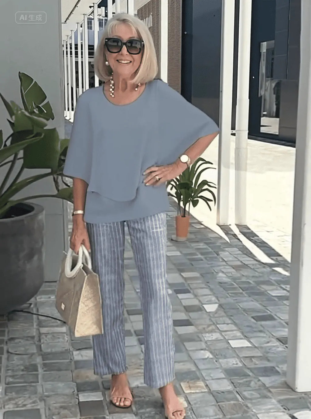 Casual Crew Neck Medium Sleeve Top Printed Floral Pants Set Two-piece Set