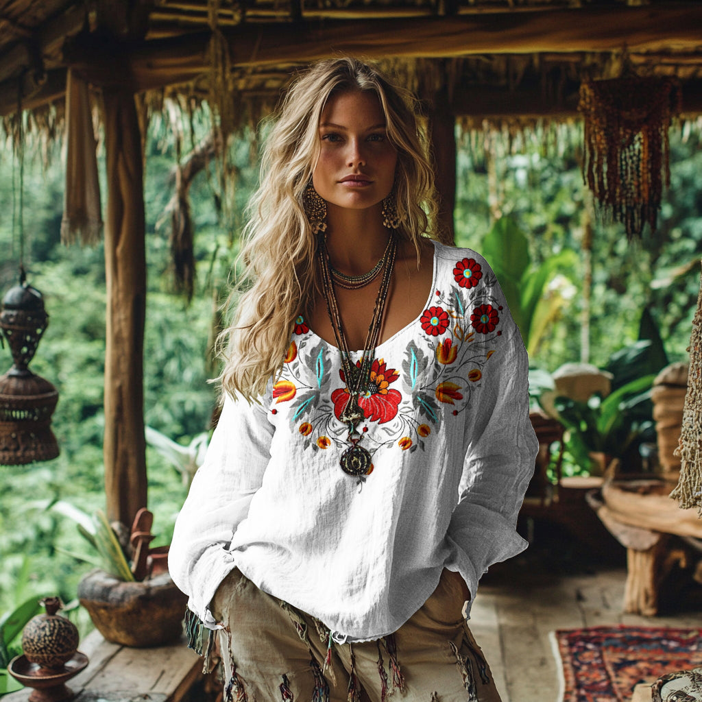 Vintage Bohemian Floral Embroidered Linen Shirt