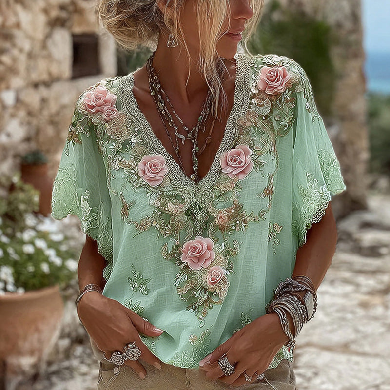 Women's Pink Roses Embroidered Art V-neck Short Sleeve Linen Blend T-shirt