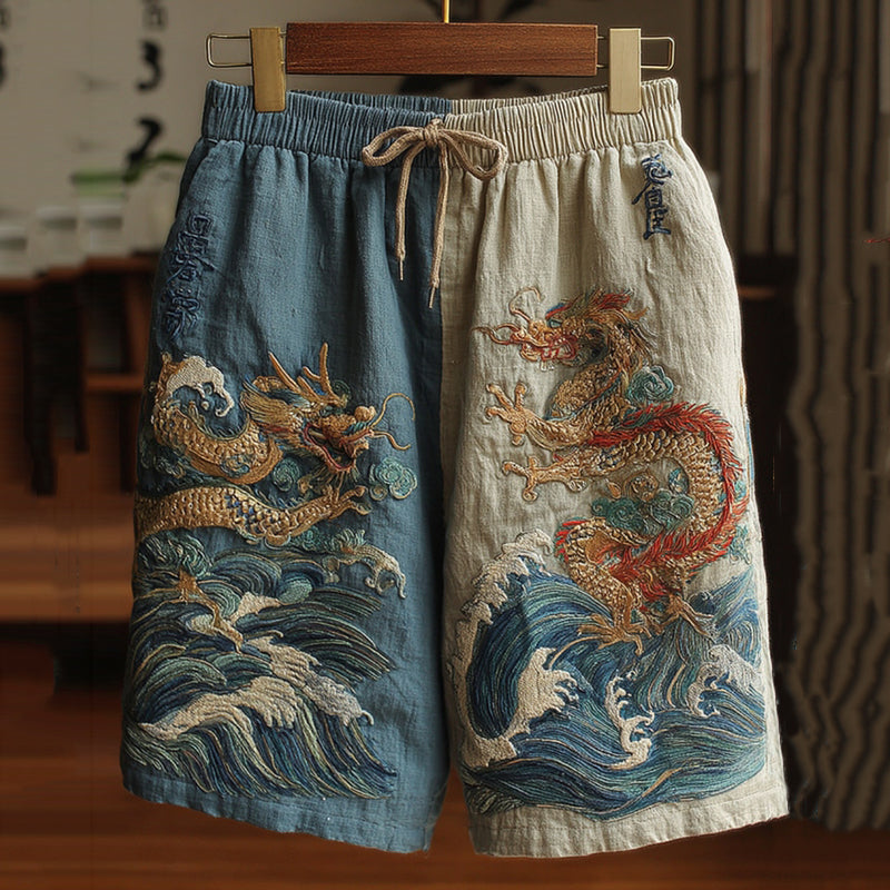 Men's Japanese Dragon Art Contrast Linen Short Pants