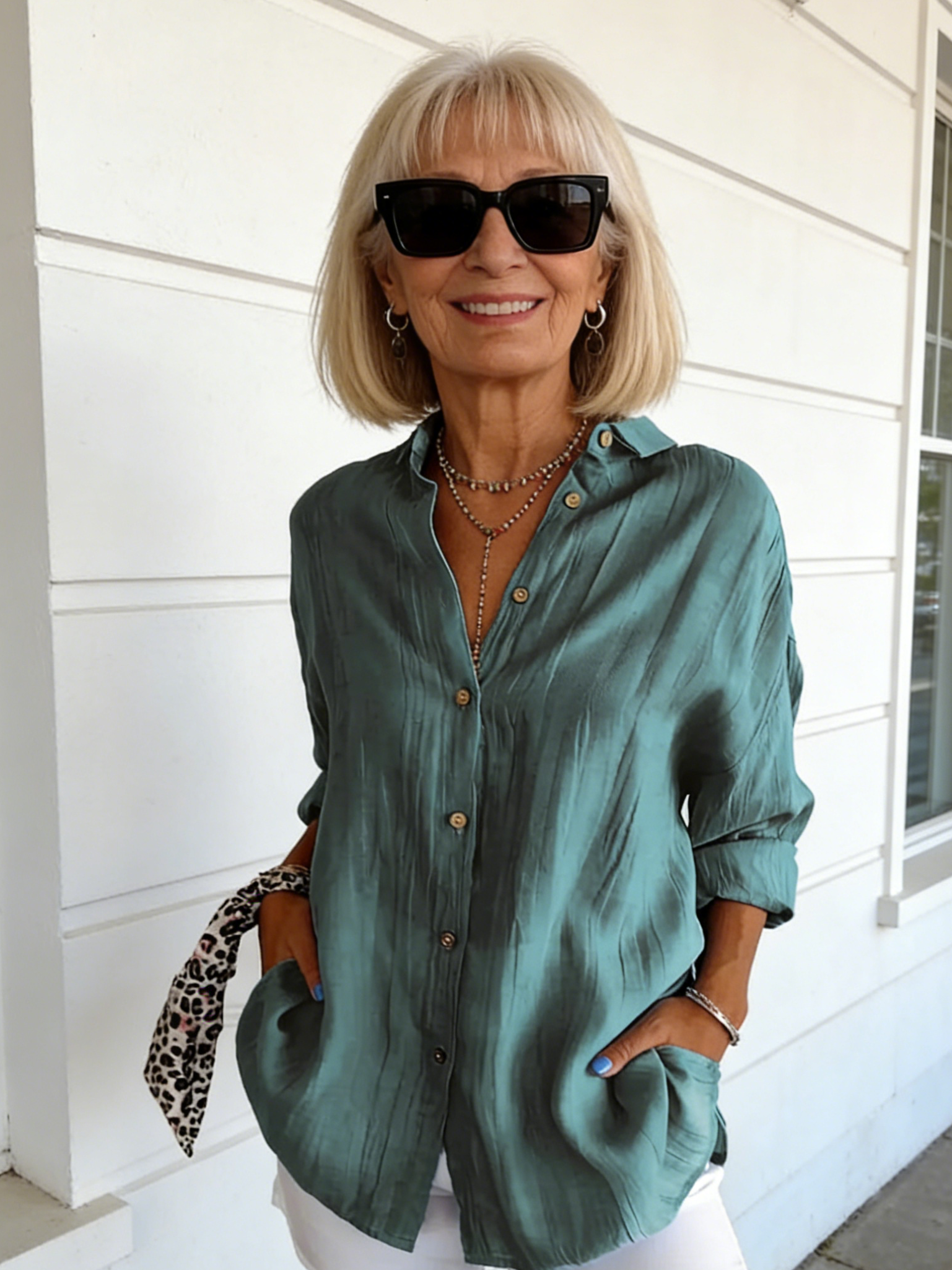 Women's Single-Breasted Pleated Lapel Shirt Solid Color Rollable Sleeves Top