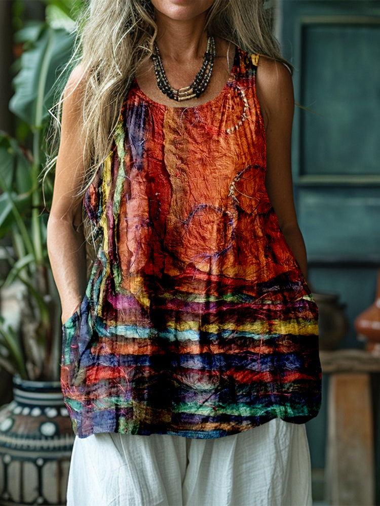 Colorful Boho Patchwork Flowy Linen Tank Top